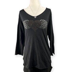 Jakes Rhinestone Heart Wings Long Sleeve Shirt Womens XL Black Y2K Graphic